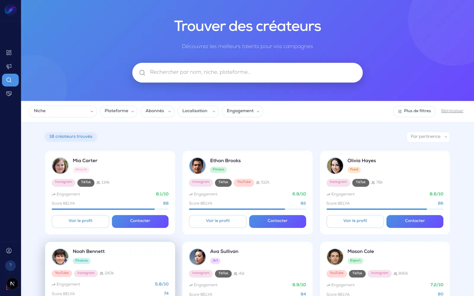Interface de recherche de créateurs BELYA